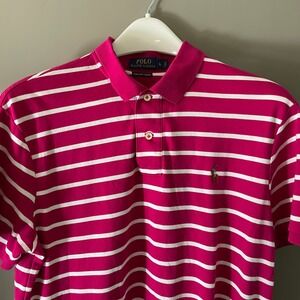 Polo Ralph Lauren Mens Large Pink White Striped Pima Soft Touch Polo Shirt L
